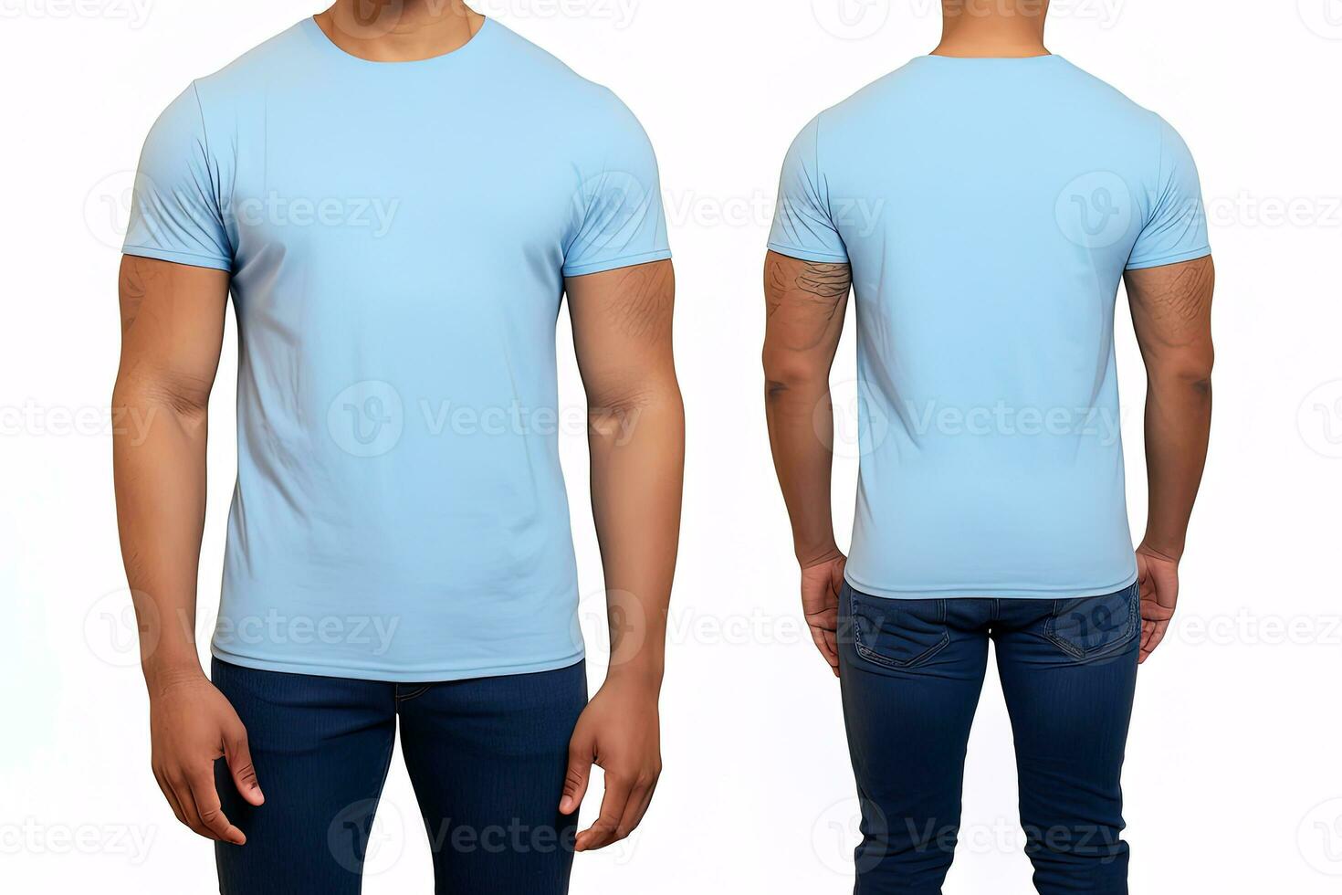Photo realistic male blue t-shirts with copy space, front, and back view. AI Generated