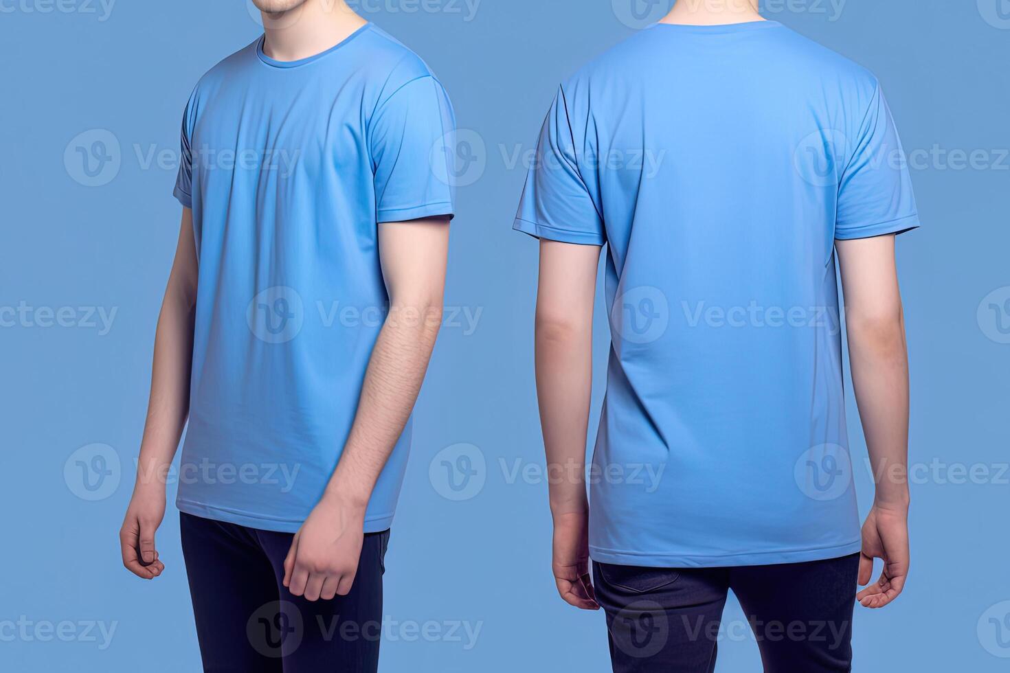 Photo realistic male blue t-shirts with copy space, front, and back view.