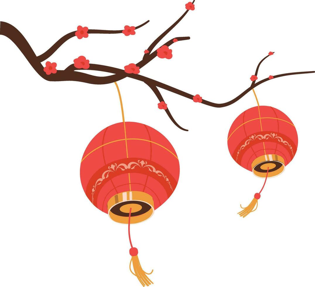 Chinese lanterns on a branch. Vector illustration in a flat style