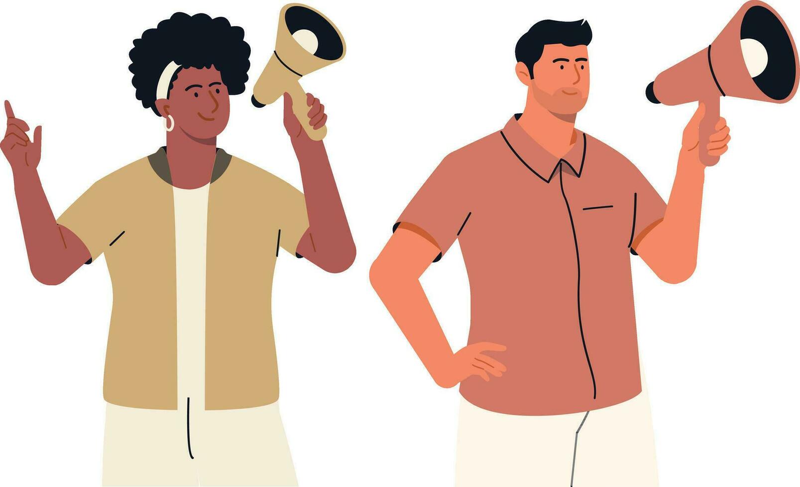 Man and woman with megaphone. Vector illustration in flat style