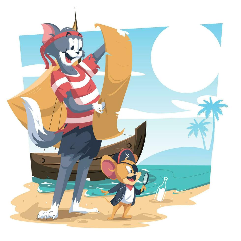 A Cat and a Mouse Wearing Pirate Suit vector