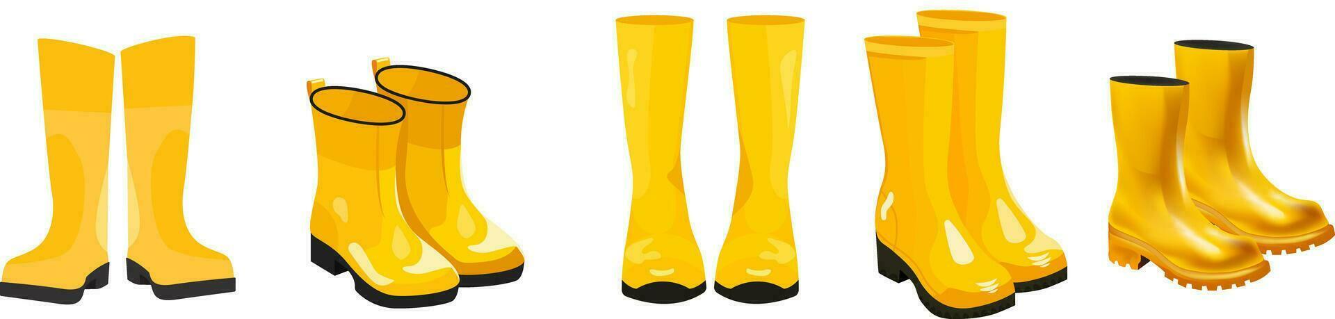 set of vector illustrations, shoes, yellow rubber shoes in different styles, different shapes and angles