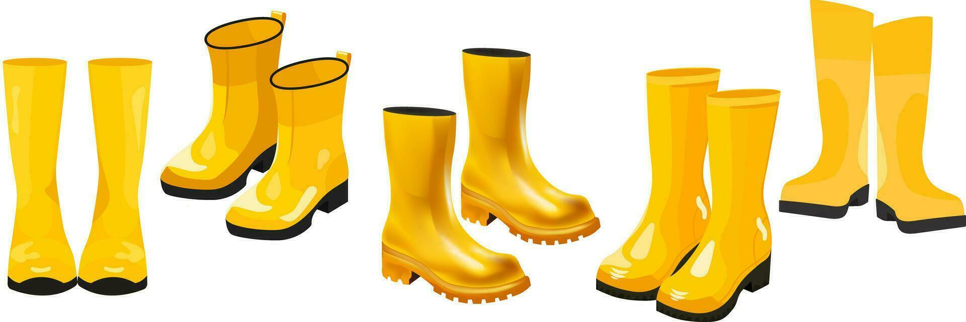 conjunto de amarillo botas, vector ilustraciones, zapatos, amarillo caucho Zapatos en diferente estilos, diferente formas y anglos