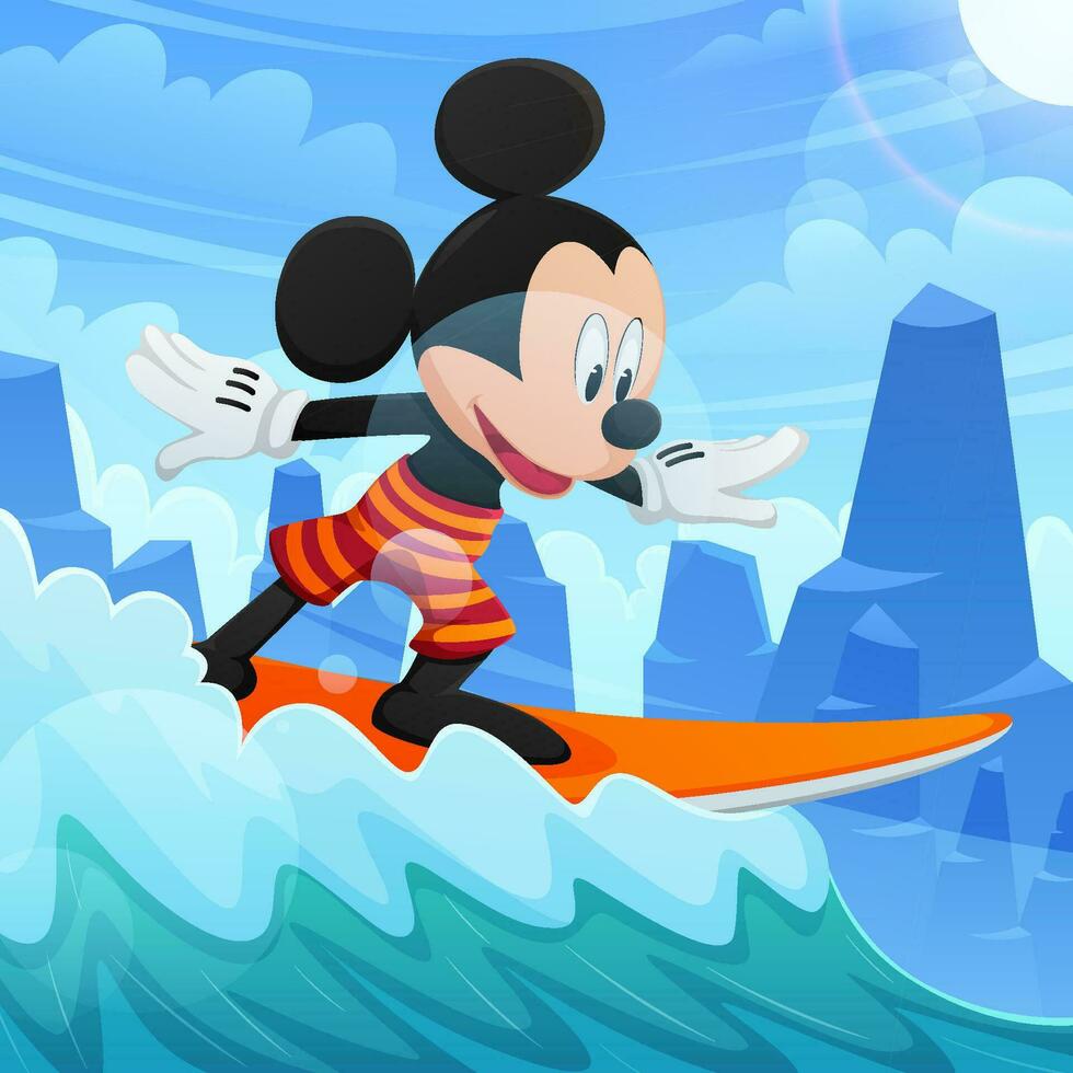 Cute Mouse Surfing in The Ocean Concept vector