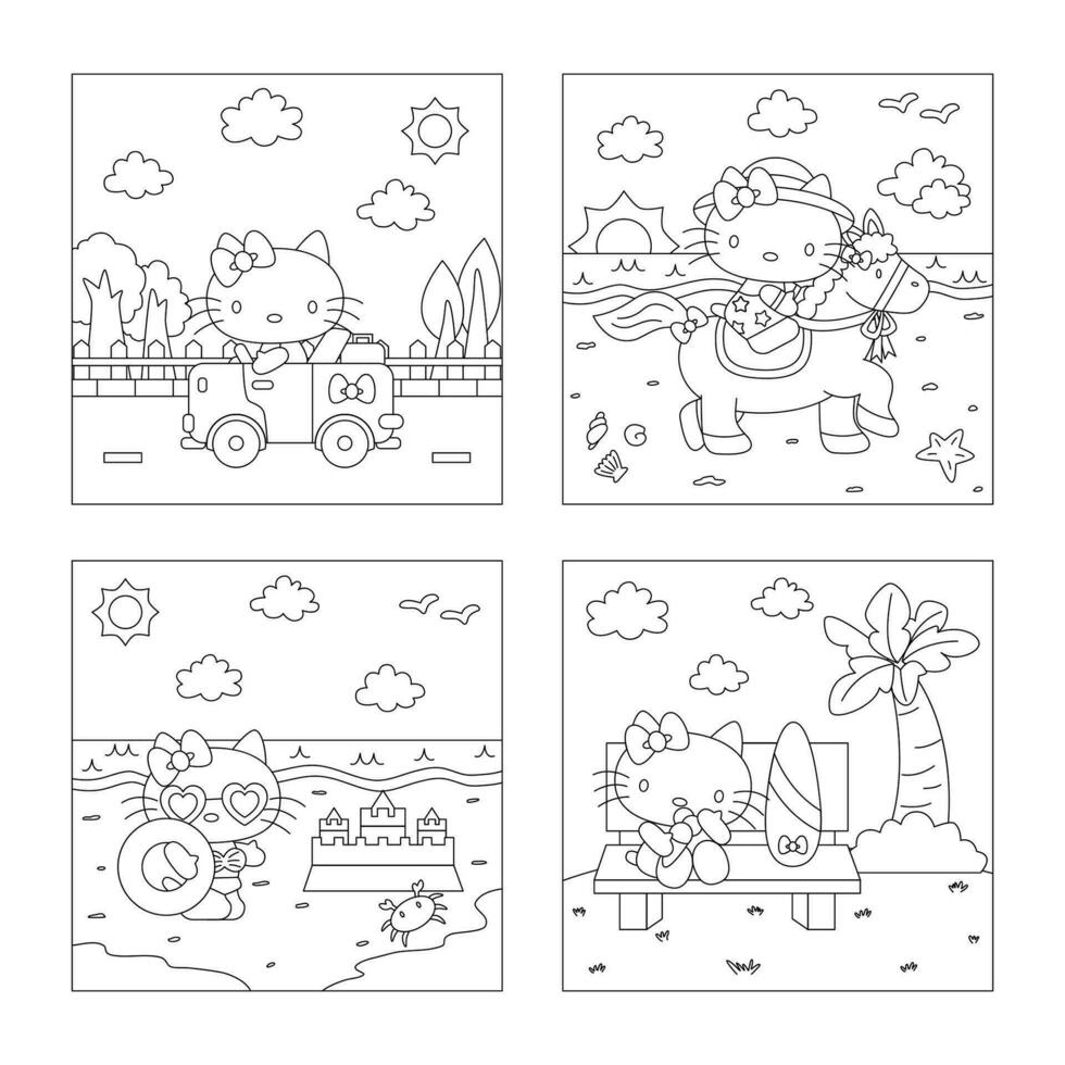 Cute Cat Enjoying Summer Holiday Children Coloring Page vector