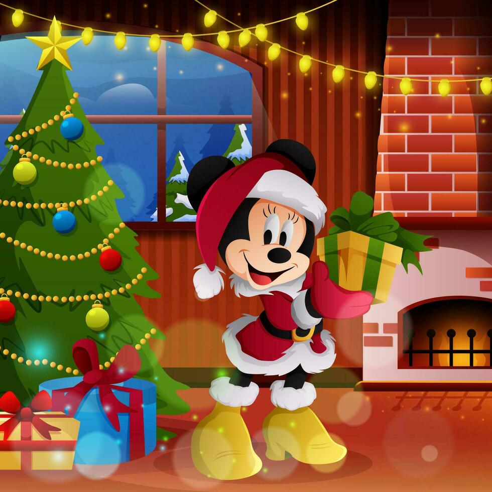 Cute Mouse Wearing Santa Suit Carrying a Gift Box vector