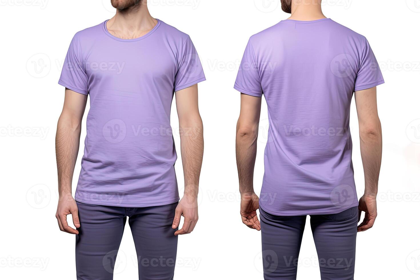 Photo realistic male purple t-shirts with copy space, front, and back view.
