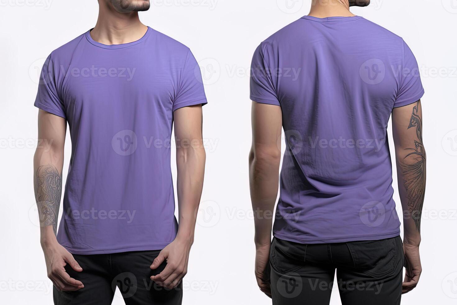 Photo realistic male purple t-shirts with copy space, front, and back view.