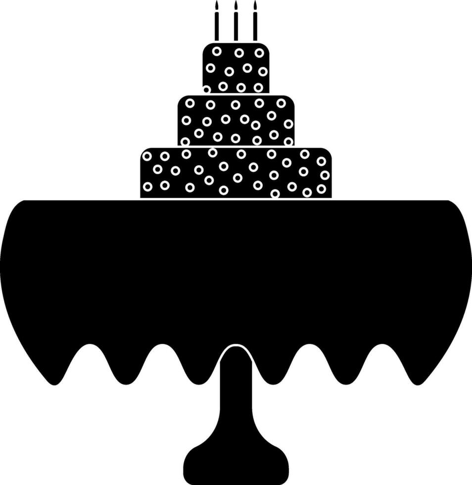 Black and white decorated cake with burning candle on table. Glyph icon or symbol. vector
