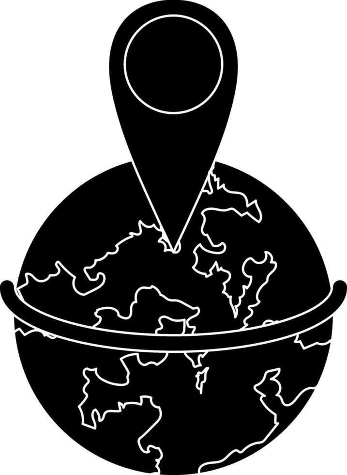 Map pointer on Black and white earth globe. Glyph icon or symbol. vector