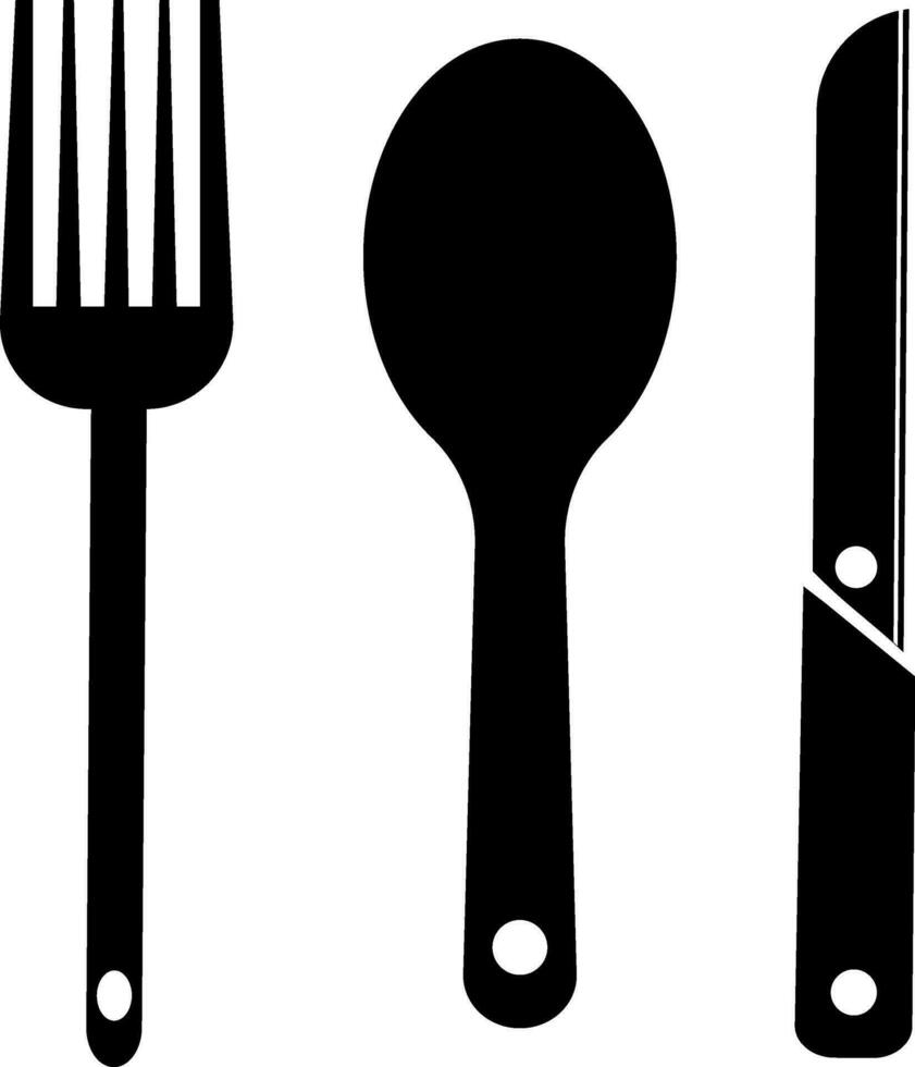 Black knife, fork and spoon on white background. vector