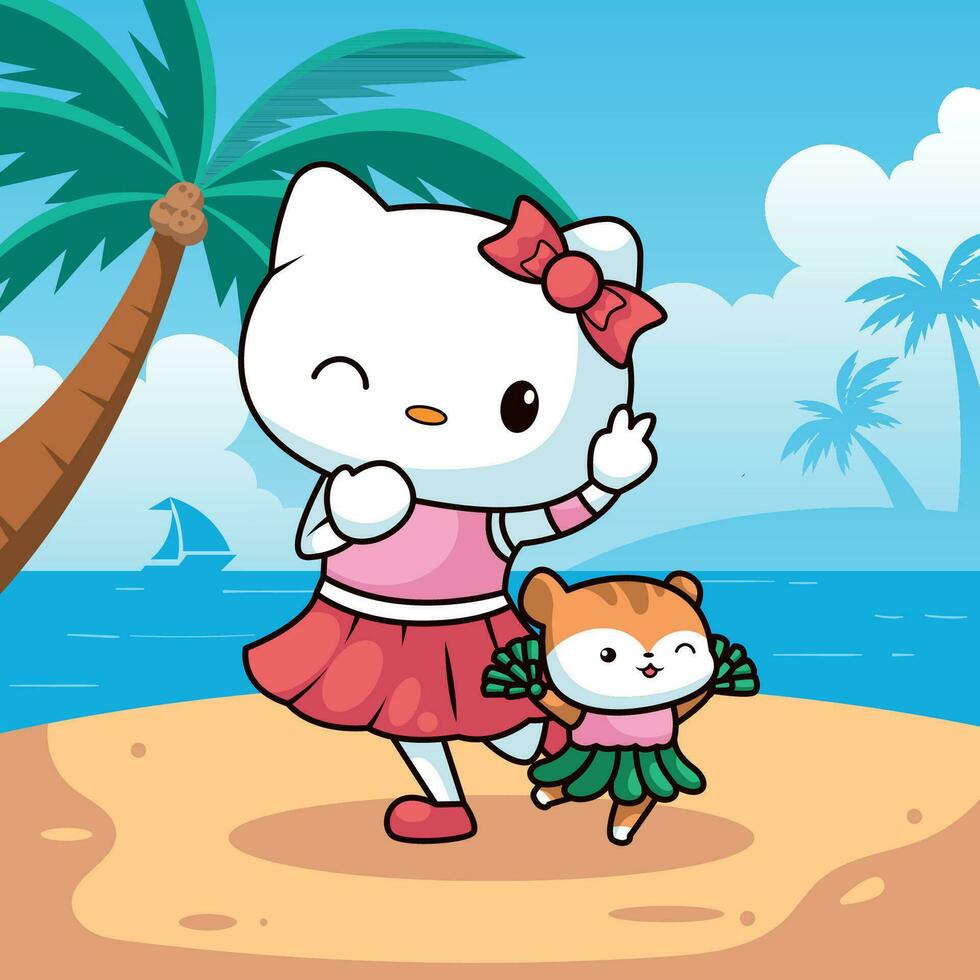 Cute Cat and Hamster Dancing on The Beach vector