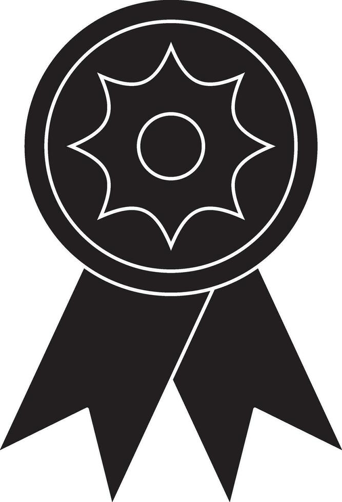 Black and White badge with ribbon. Glyph icon or symbol. vector