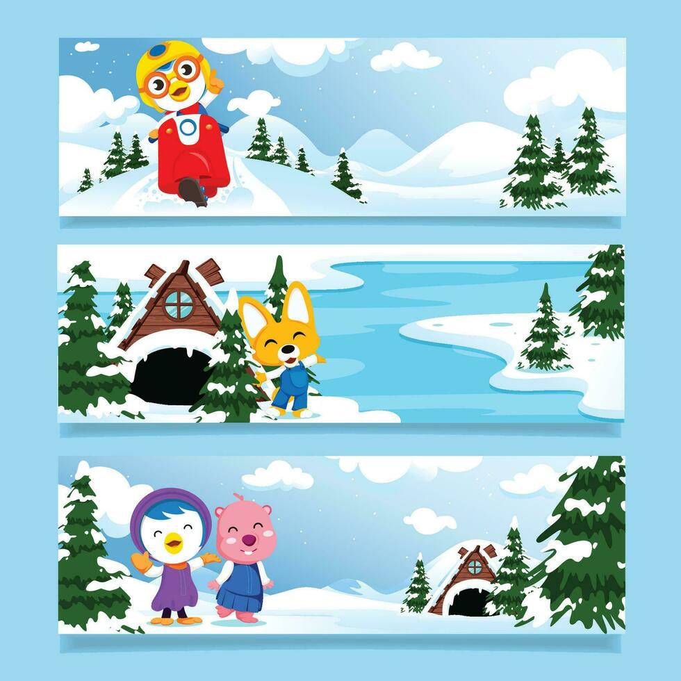 Little Penguin And Friend Horizontal Banner vector