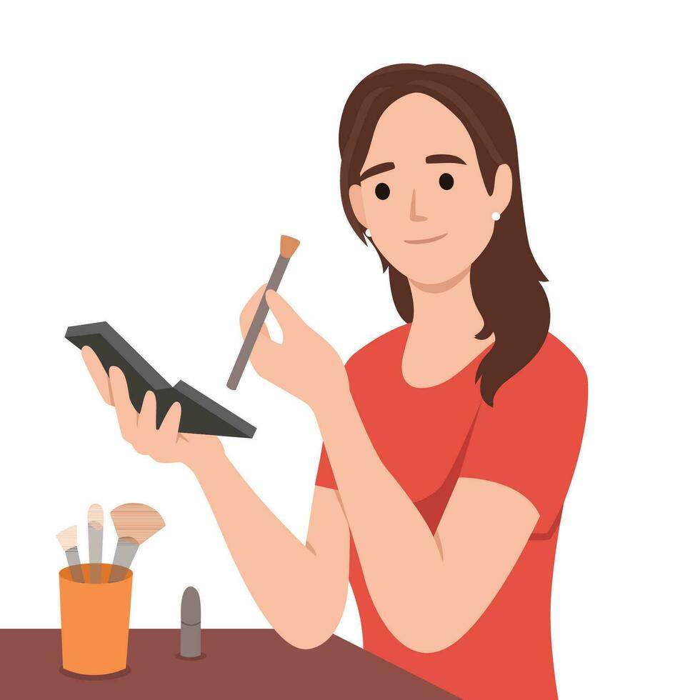 hacer arriba, belleza, productos cosméticos concepto. joven sonriente mujer dibujos animados personaje utilizando especial cepillo para aplicando cara polvo para mirando bueno y fresco. vector