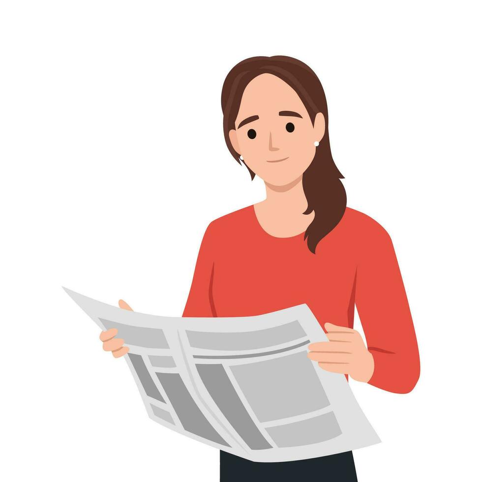 Young woman reading newspaper. vector