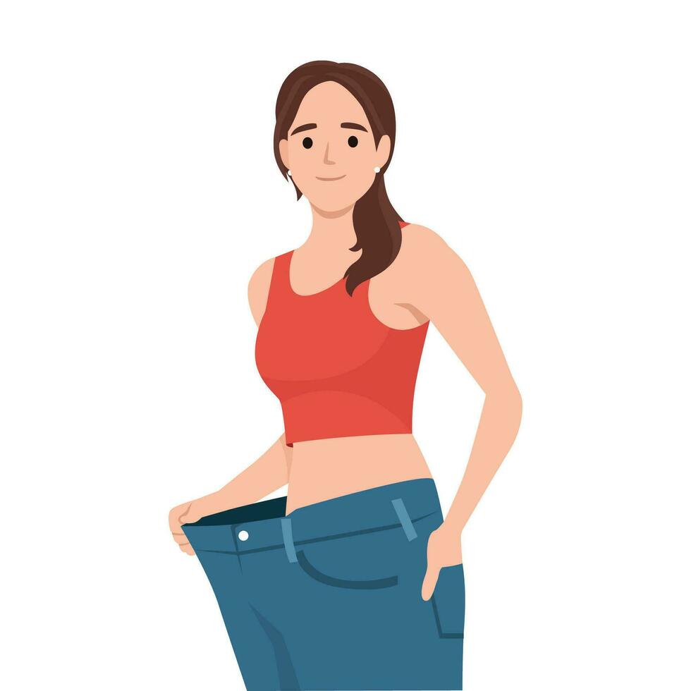 mujer perdido peso. bueno dieta. muy grande pantalones en un muchacha. vector
