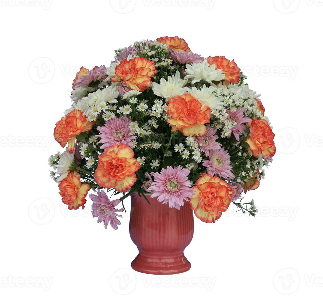 Fresh summer flower arrangement in the pink pot container isolated on white background photo