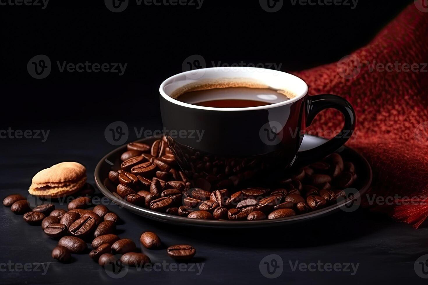 Cup of coffee on wooden background. Top view with copy space. photo