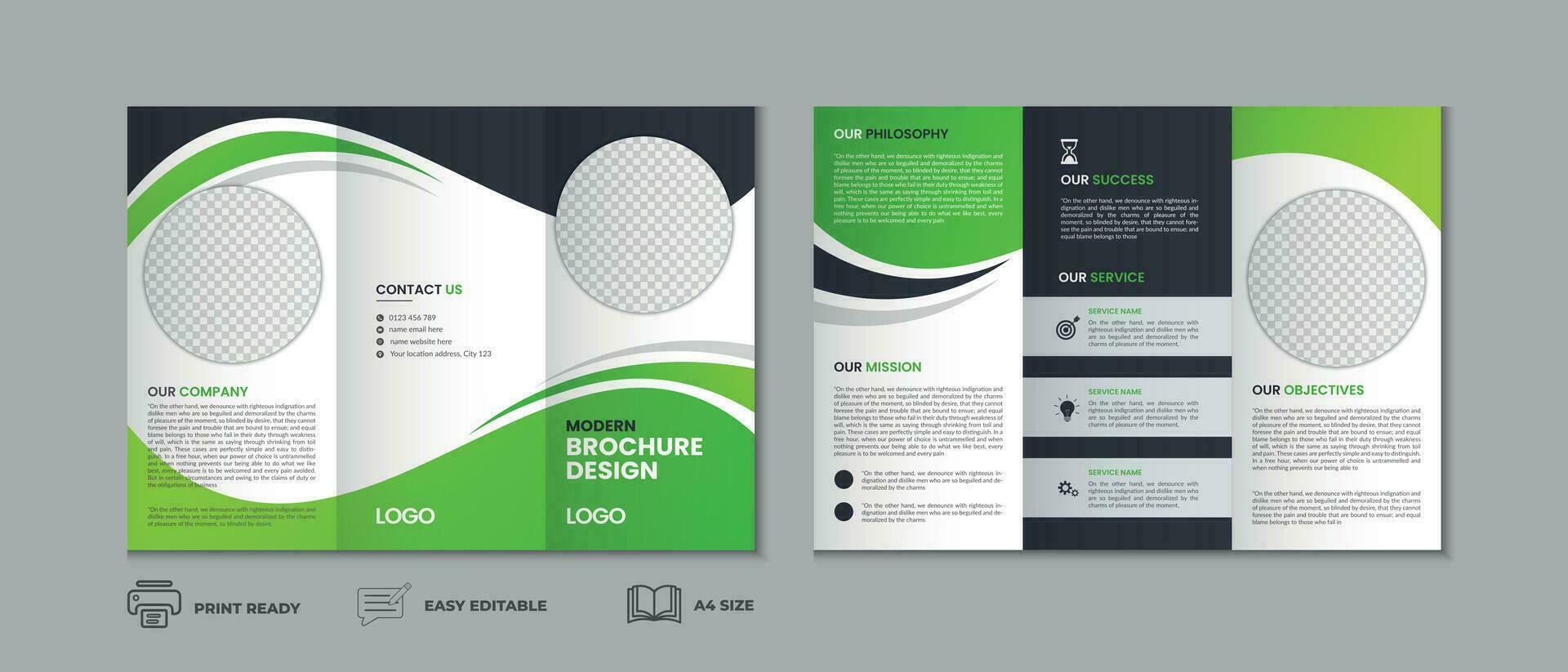 Professional clean modern and corporate various colorful trifold brochure template, three fold cover page, three fold presentation, bifold brochure background layout design with mockup vector