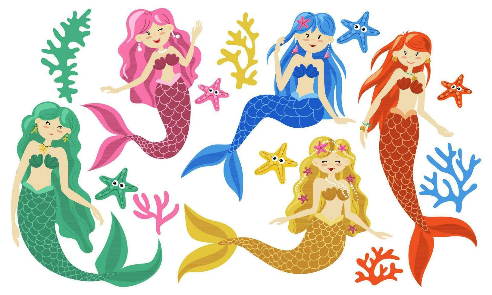 A set of vector illustrations of cute colorful mermaids with colorful hair and other underwater elements. Cartoon illustration of fish people with elements of the underwater world