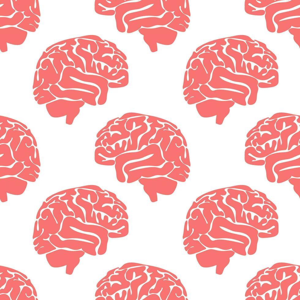 A pattern of pink brains on a white background. Vector seamless background of contour spots. The topic of medicine, surgery, treatment and health Brain Day The background of the brain is big and small
