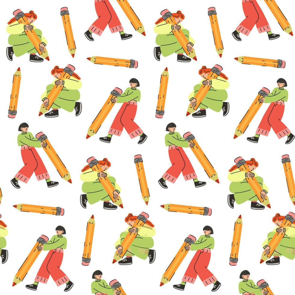 A pattern of different young people holding large pencils with a seamless pattern. Happy young students write, draw. The concept of education. Knowledge Day, September. Back to school. Vector