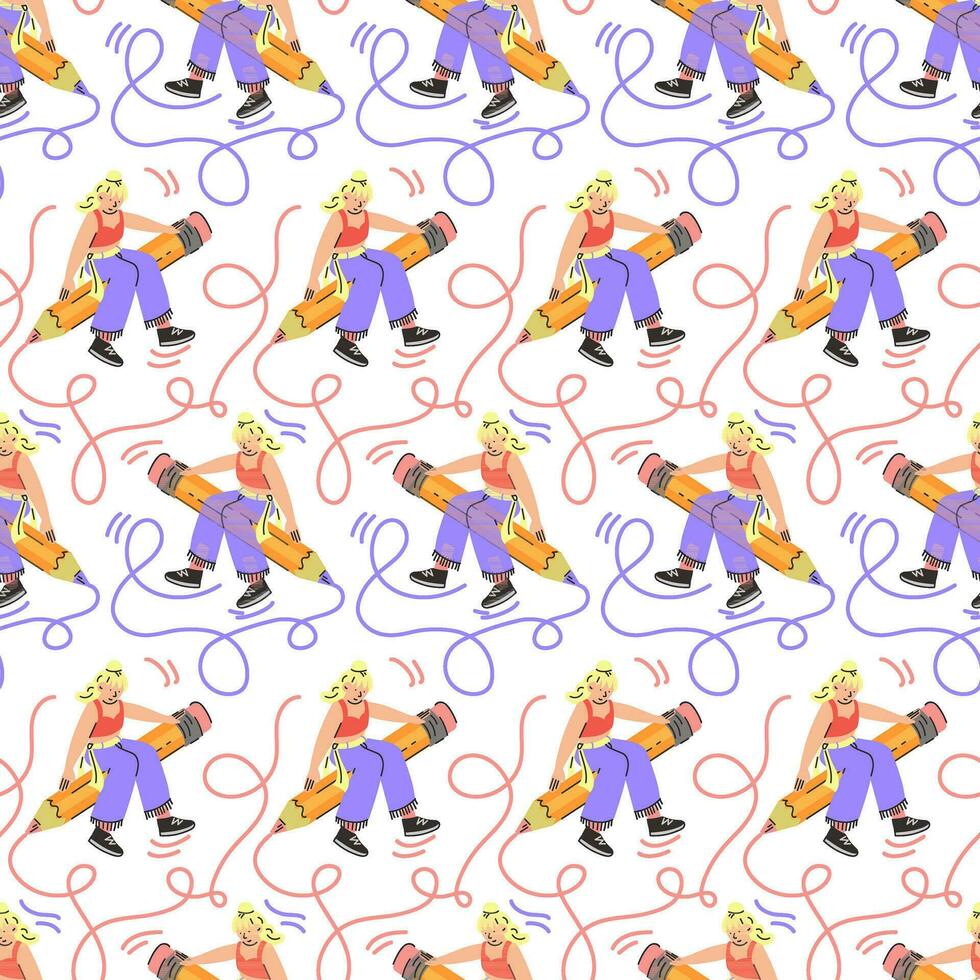 A pattern with a young girl and a big pencil draws loops and connects everything. A happy young student, a schoolgirl writes, draws. The concept of education. Knowledge Day, September. Back to school vector