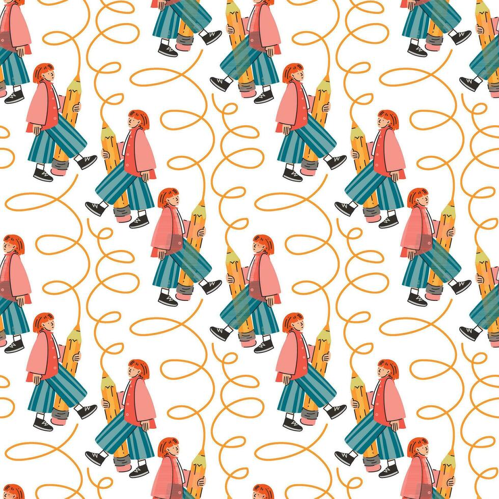 A pattern with a young girl and a big pencil draws loops and connects everything. A happy young student, a schoolgirl writes, draws. The concept of education. Knowledge Day, September. Back to school vector