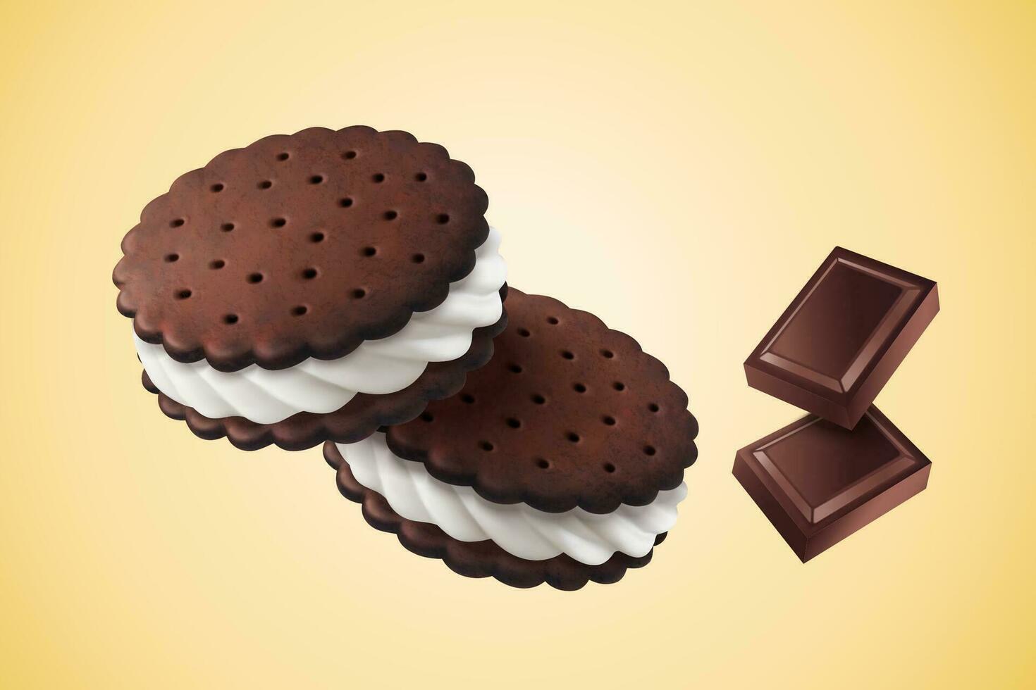 Chocolate vanilla sandwich cookie with ingredients in 3d illustration vector