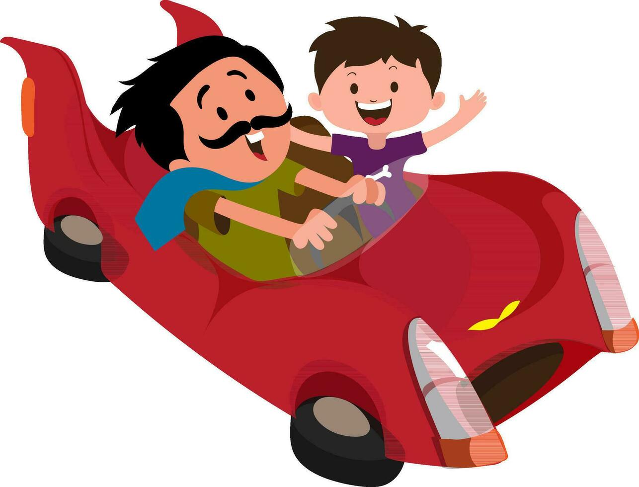 padre y hijo montando un rojo coche. vector