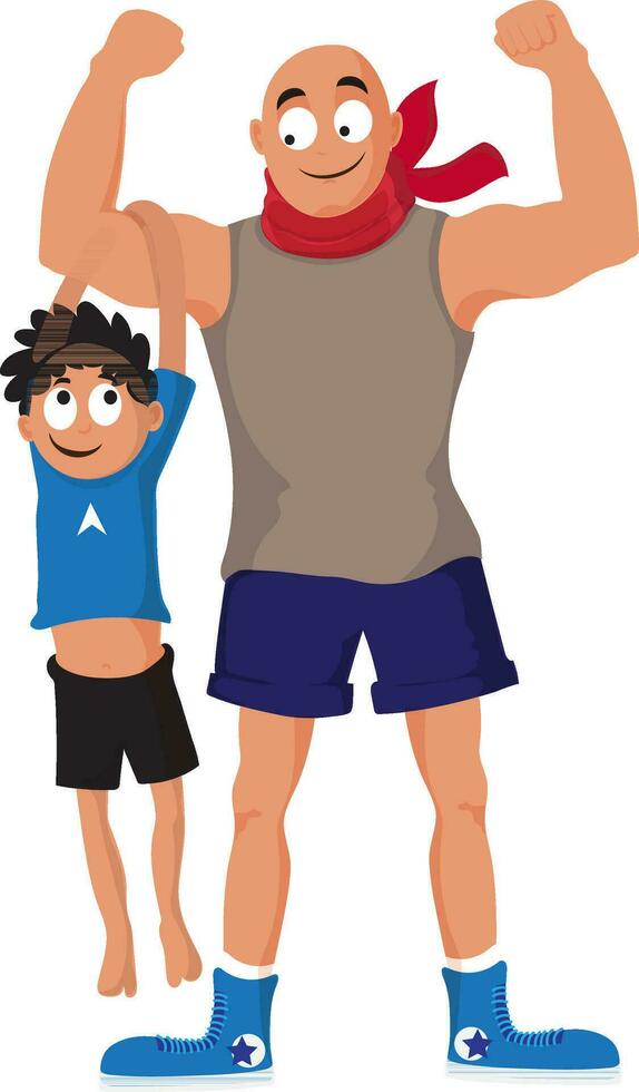 Little boy hanging on his father's strong arm. vector