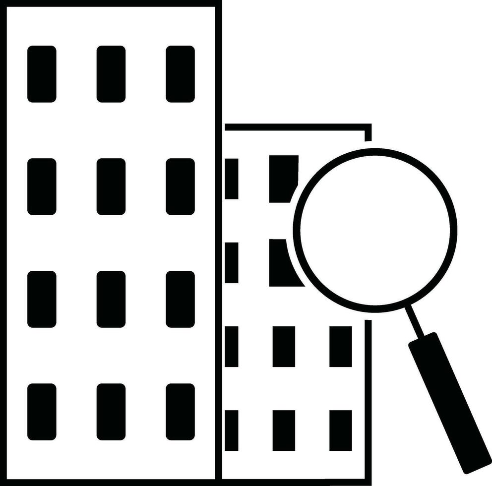 Black and white building with magniying. Glyph icon or symbol. vector