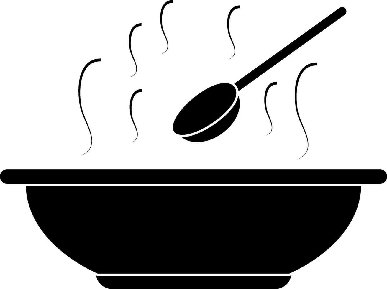 Black and white hot bowl with spoon in flat style. Glyph icon or symbol. vector