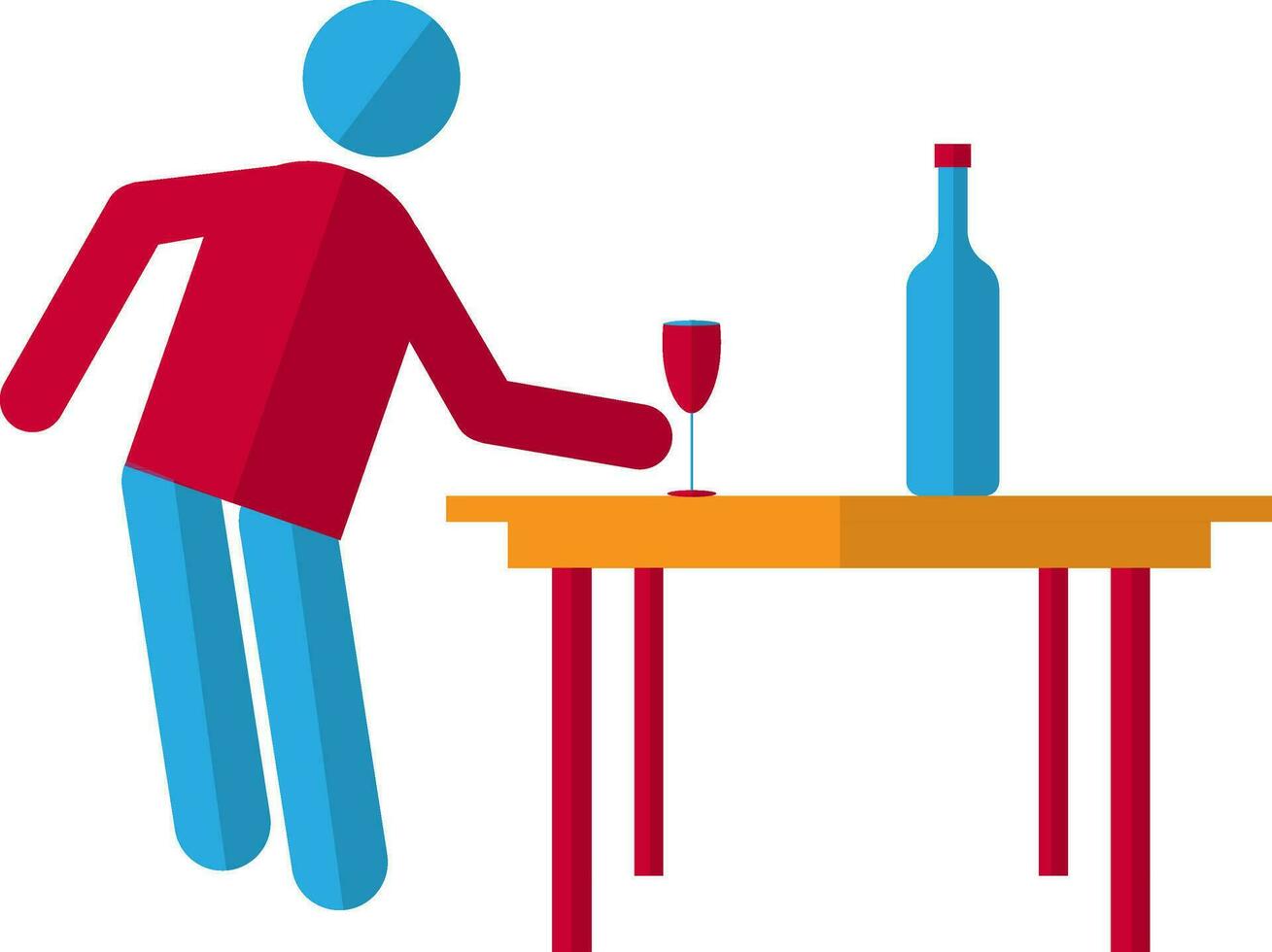 Cocktail glass with bottle on table and character of human. vector