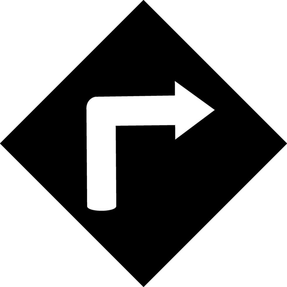 Turn right road sign in Black and white color. Glyph icon or symbol. vector