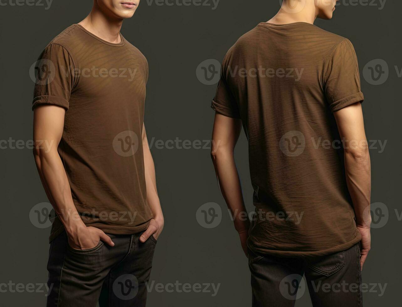 Photo realistic male brown t-shirts with copy space, front, and back view. ai generated