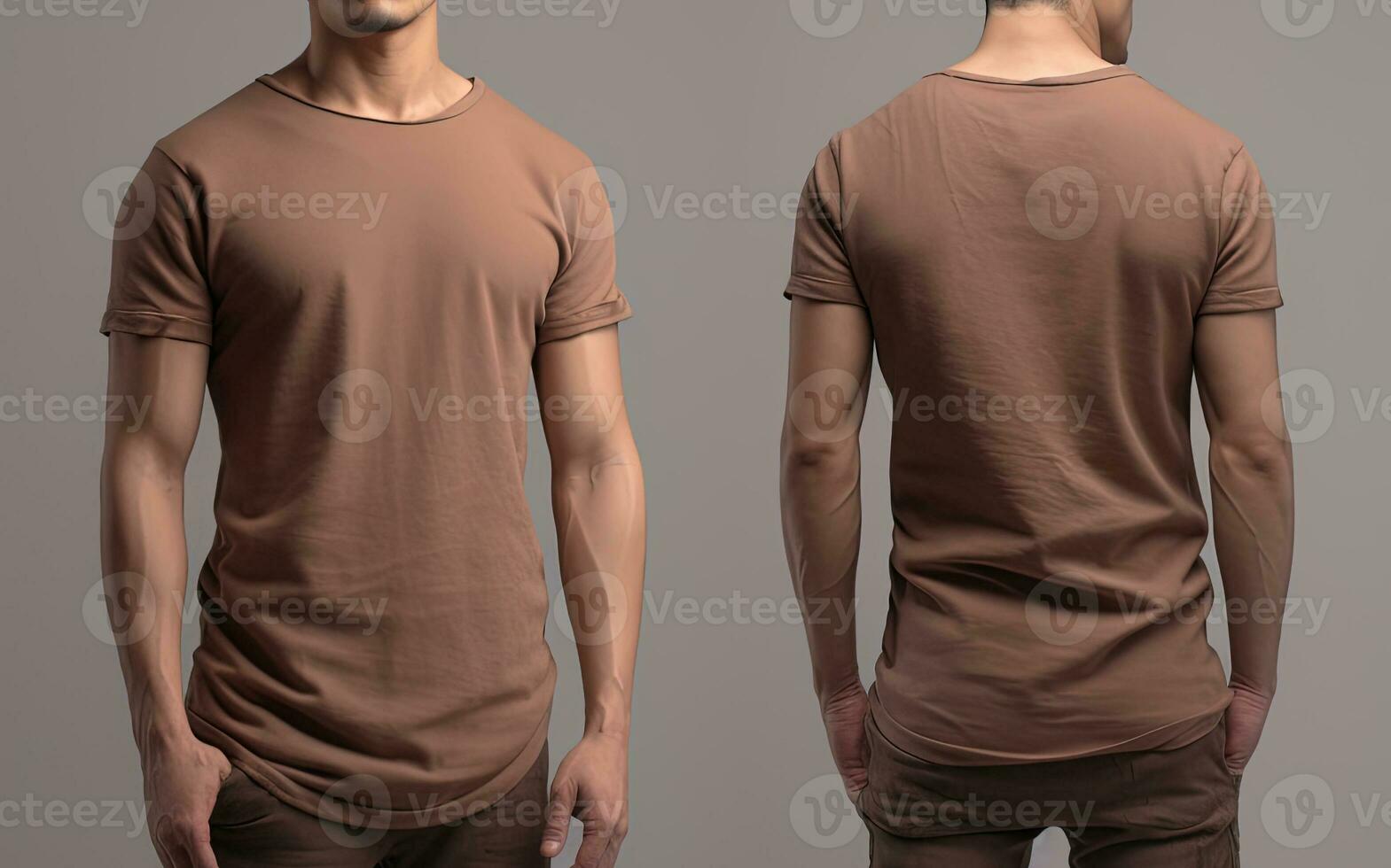 foto realista masculino marrón camisetas con Copiar espacio, frente, y espalda vista. ai generado