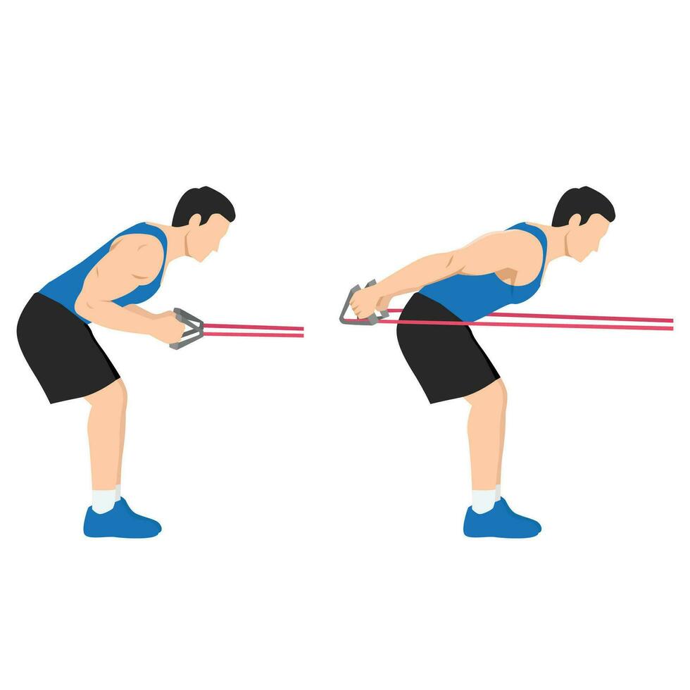 Man doing Tricep kickbacks resistance band exercise. vector