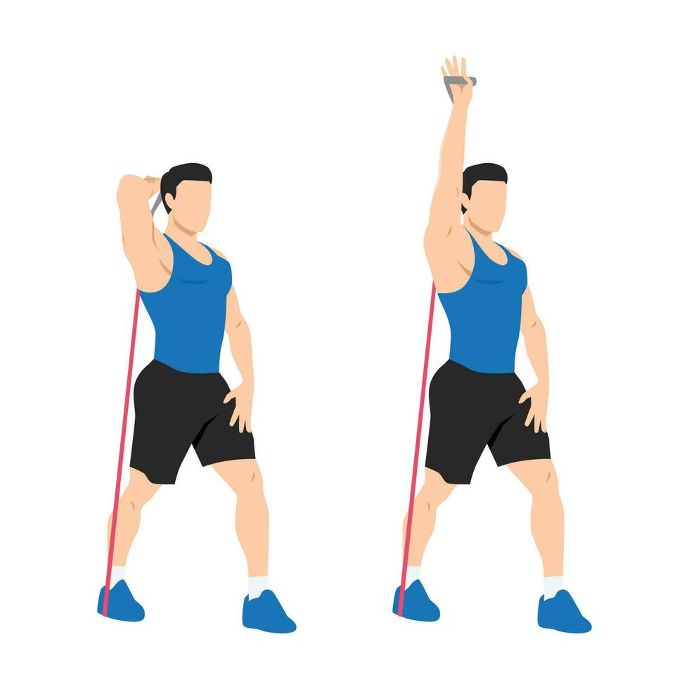 Man doing Resistance band tricep overhead extensions exercise. vector