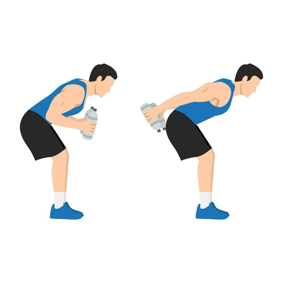 hombre haciendo doblado terminado doble brazo tricep sobornos con agua botella ejercicio. vector