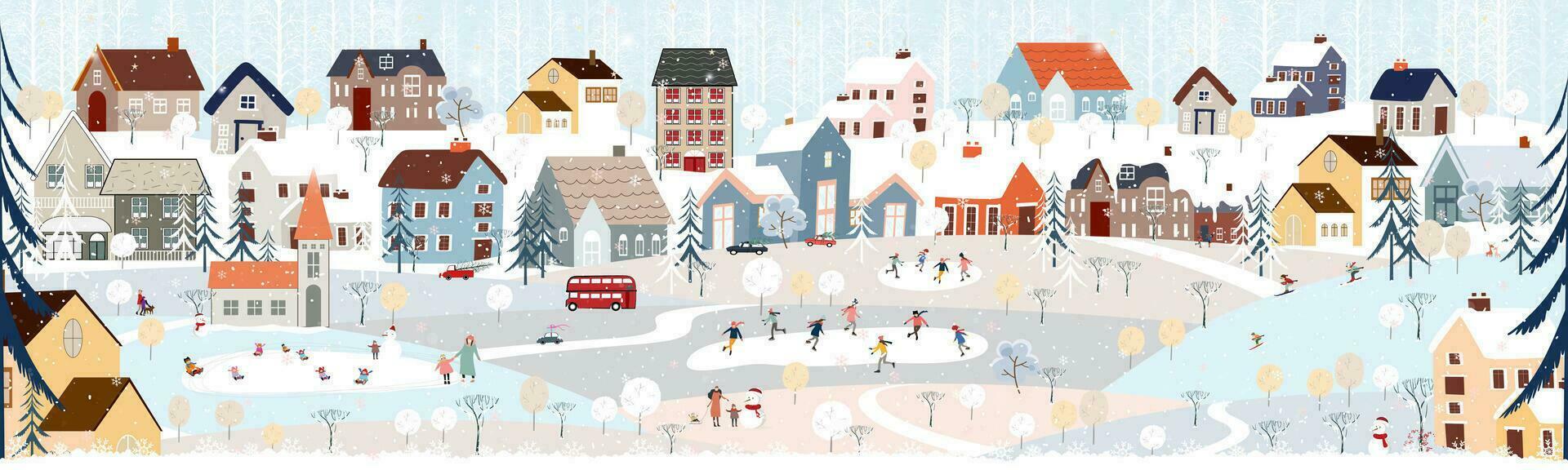 Christmas background,Winter Landscape in Christmas eves at night in City,Vector cute cartoon Winter Wonderland in the town,People celebration in the park on New Year,Banner Design for Holiday season vector