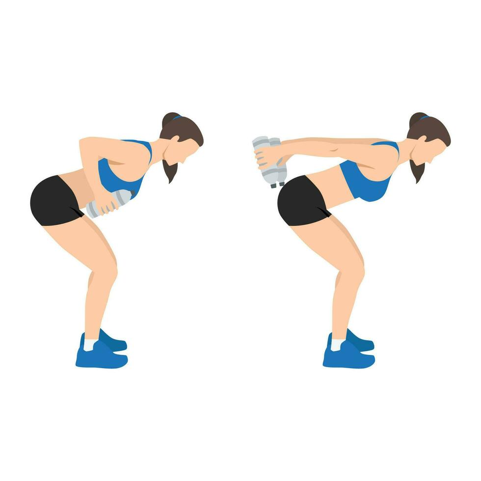 mujer haciendo doblado terminado doble brazo tricep sobornos con agua botella ejercicio. vector