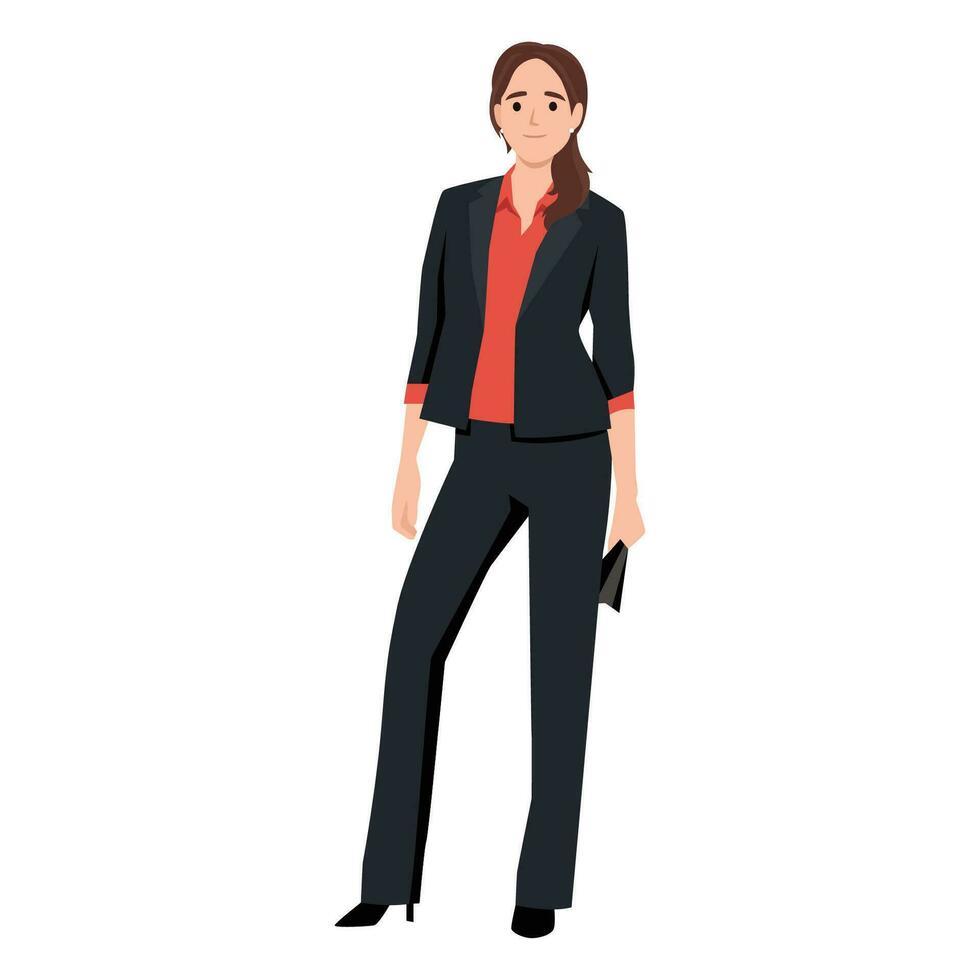Beautiful businesswoman, set of portrait and full length view. Smiling business woman standing folded hand, wearing dark business suit. vector