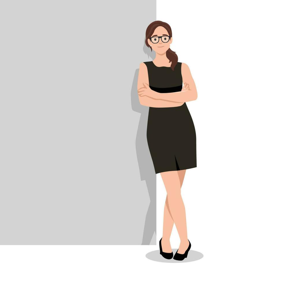 Young businesswoman standing and lean against wall, thinking something about new business company. vector