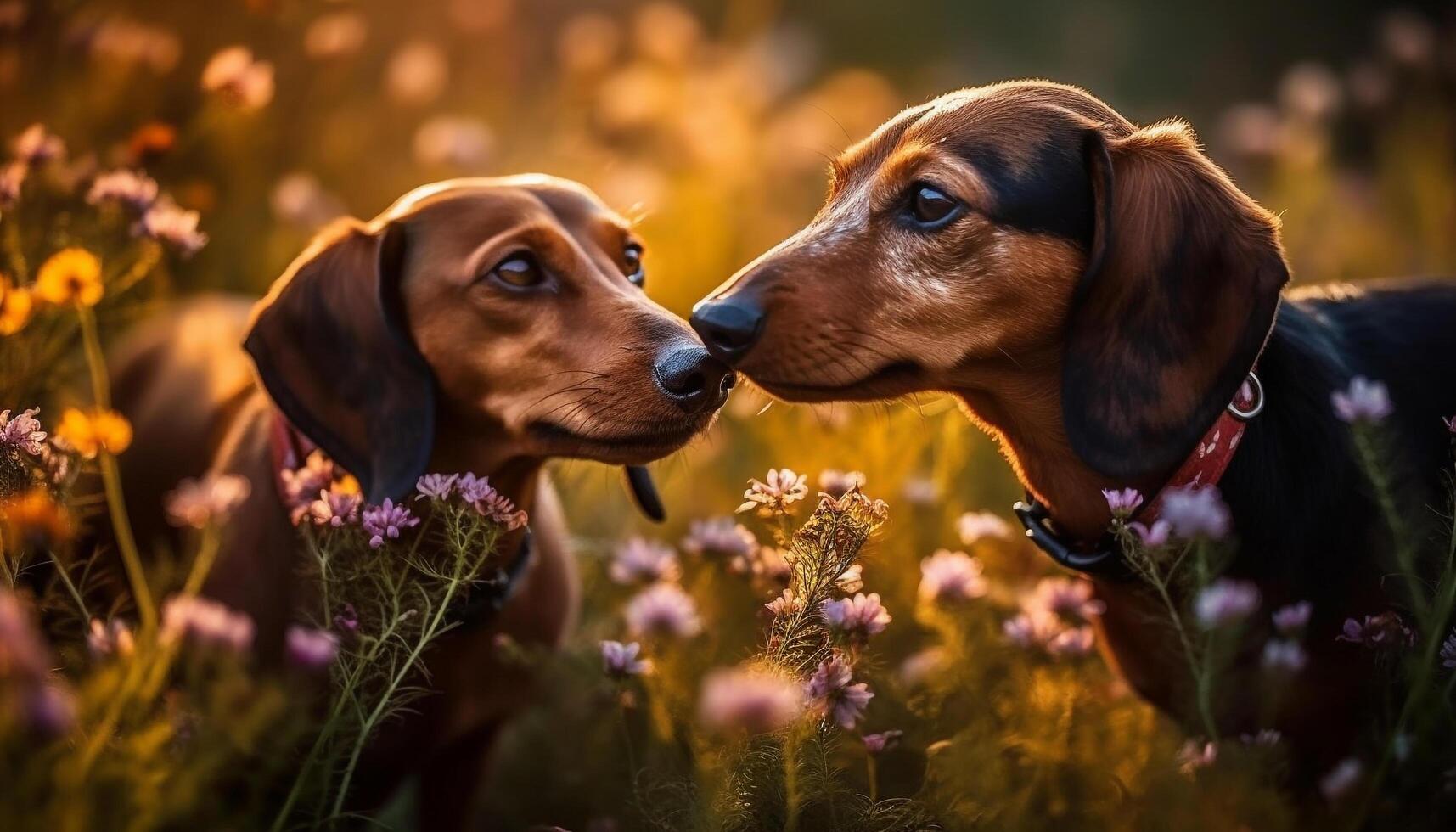 A playful dachshund and beagle sit in a wildflower meadow photo