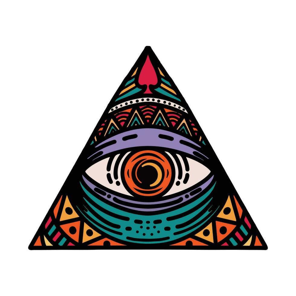 Hand drawn vector illustration - All seeing eye pyramid symbol. Freemason and spiritual. Colorful Vintage