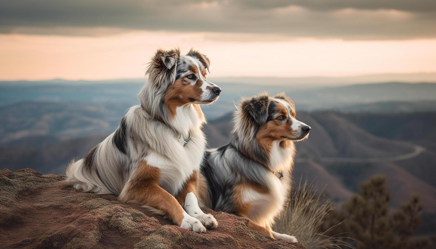 A loyal family of fluffy pets playing in nature beauty photo