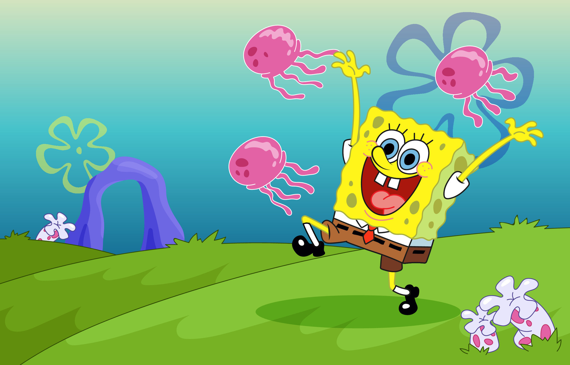 Happy Yellow Sponge Character at Jellyfish Field Background 25321225 Vector  Art at Vecteezy