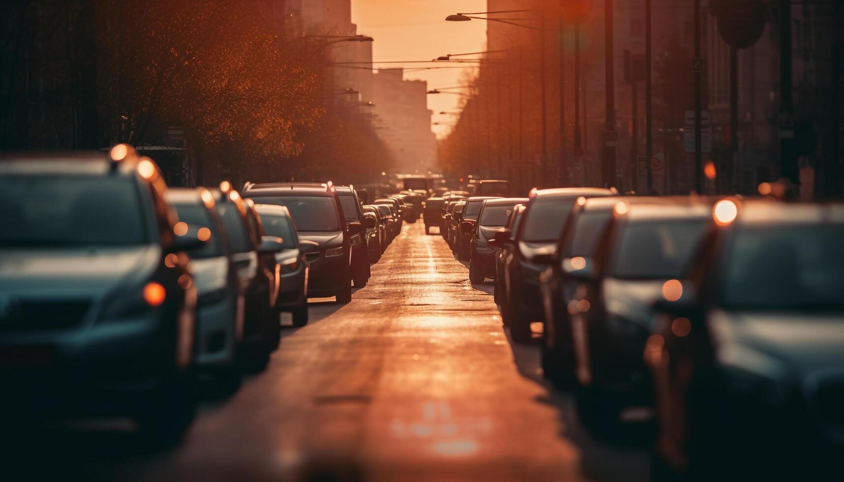 Driving through crowded city streets at night, traffic jam ahead photo